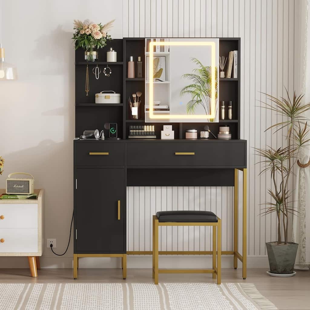 Makeup Vanity Desk with LED Lighted Mirror, Charging Station, Visible Drawers & Jewelry Hooks