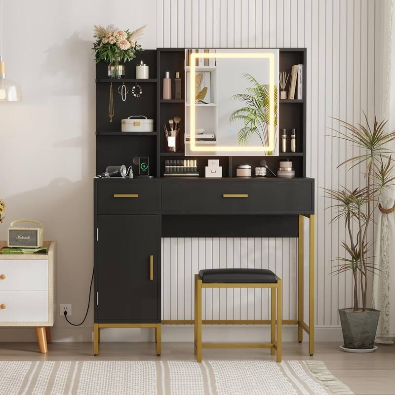 Makeup Vanity Table with Lighted Mirror, 3 Lighting Modes Adjustable with Soft Cushioned Stool, 2 Drawers - Black