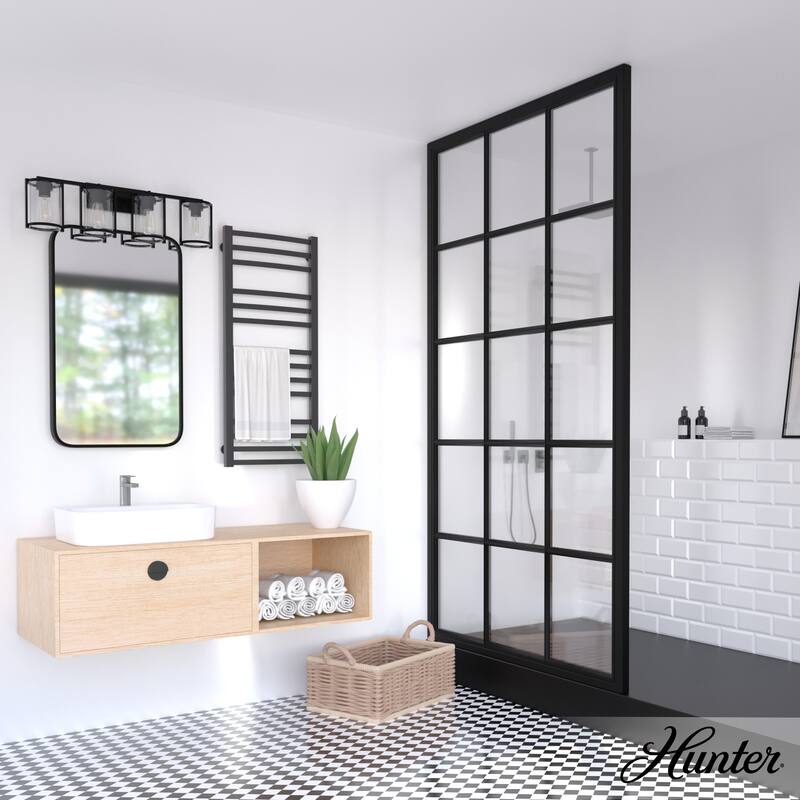 Hunter Astwood Bathroom Vanity Light, Clear Cylinder Glass, Damp Rated, Caged - Contemporary, Transitional, Art-Deco