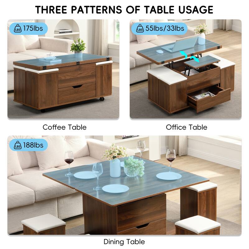 Christopher Knight Home - Calix Lift-Top MDF Coffee Table Set with 4 Stools and Smooth Locking Wheels