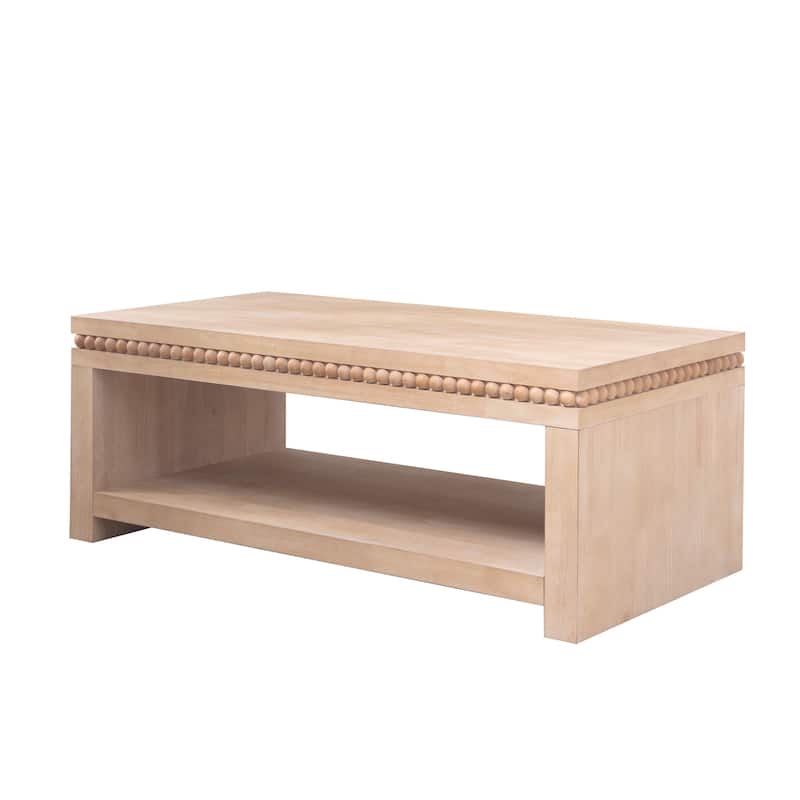 47 inch Modern Black Coffee Table Beaded Trim Rectangular Open Storage Shelf Living Room