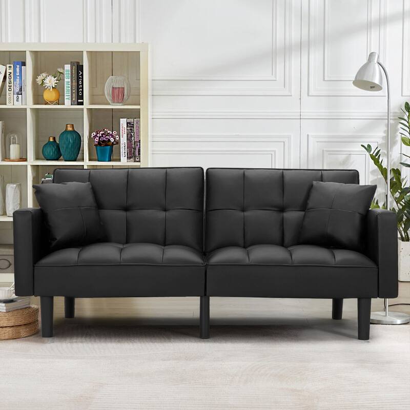 AVAWING 74" Modern Tufted Convertible Futon Sofa Bed with 2 Pillows - Black