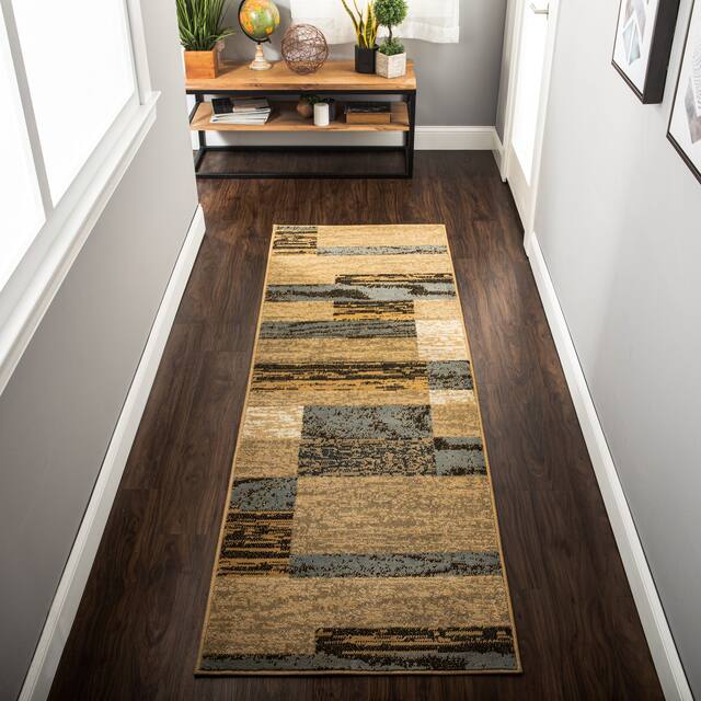 Miranda Haus Geometric Modern Patchwork Polypropylene Indoor Area Rug - 2'7" x 10' - Light Blue/Beige