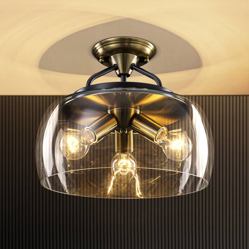 13" W 3-Light Modern Industrial Black Metal Semi-flush Mount Ceiling Light with Clear Dome Glass