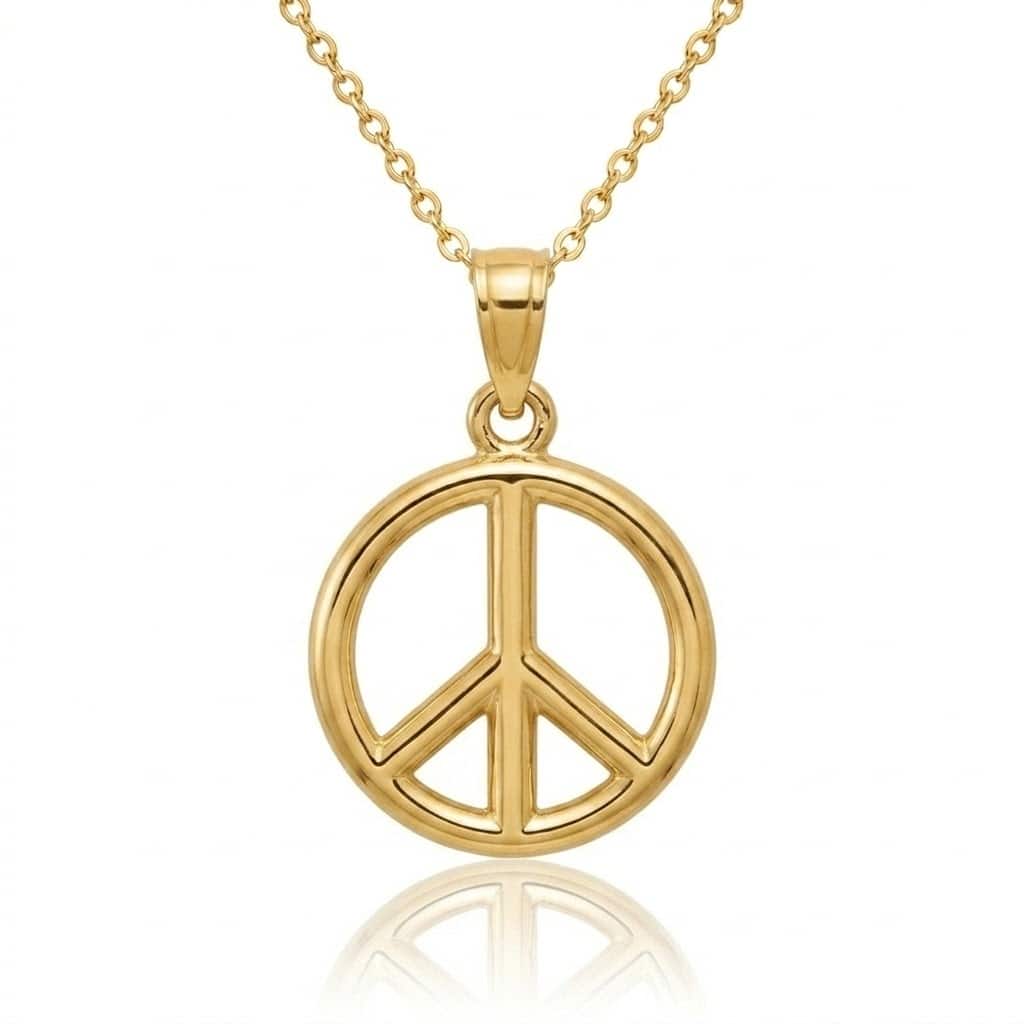 Curata 10k or 14k Solid Gold 18" Small Polished Peace Symbol Necklace - 17.5x10mm