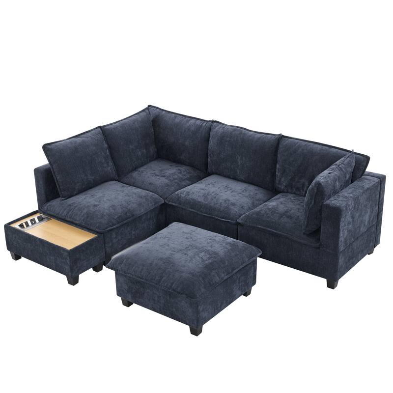 90" Chenille U-Shaped Sectional Sofa with Movable Ottoman, Coffee Table with Hidden Charging Devices, and Free Configurations