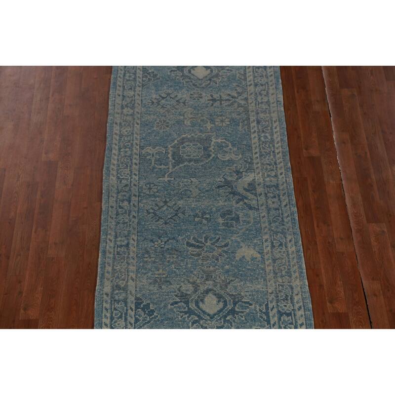 Hand Knotted Oriental 100% Wool Carpet Transitional Floral Navy Blue & Blues Oushak Runner Rug - 17' 4'' X 3' 1''