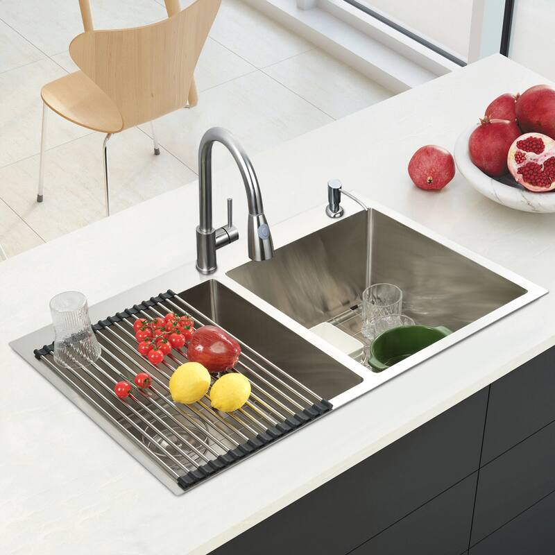 30 in. Drop-In/Undermount Single Bowl 16 Gauge Brushed 304 Stainless Steel Kitchen Sink with Accessories - Brush stainless steel - Double bowl - 33in