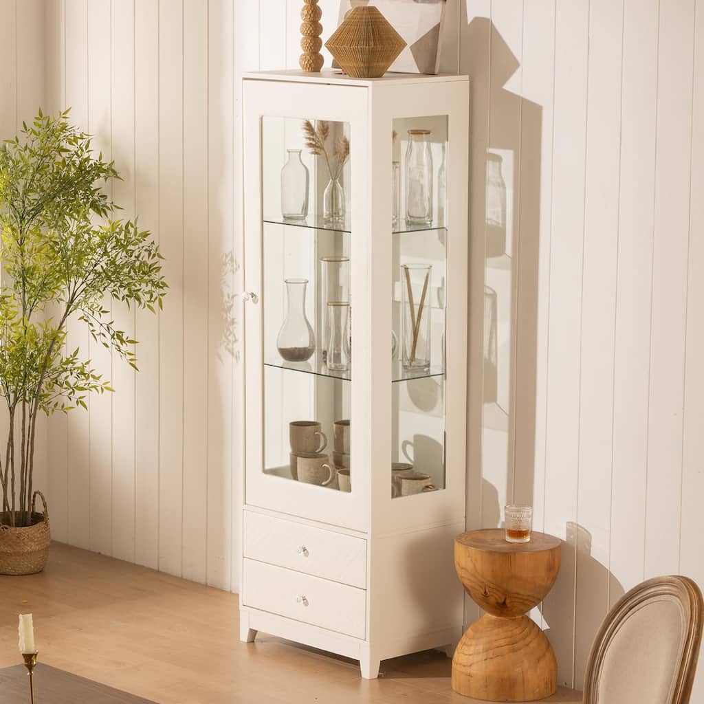 Anmytek 71'' Freestanding Upholstered Display Cabinet, Upholstered Glass Door Cabinet with Ceiling Light,Wine Cabinet