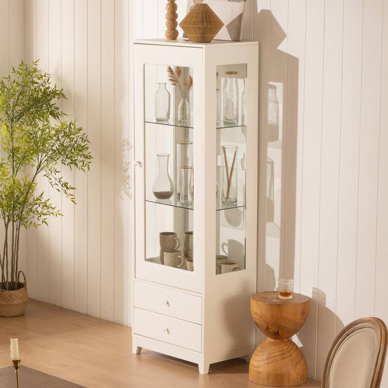 Anmytek 71'' Freestanding Upholstered Display Cabinet, Upholstered Glass Door Cabinet with Ceiling Light,Wine Cabinet - White