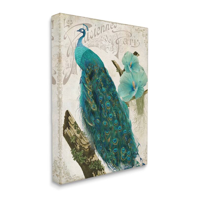 Stupell Vintage Parisian Peacock Patterned Bird Blue Hibiscus Flower Canvas Wall Art - Green