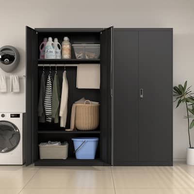 35.4" Modern Metal Armoire with Adjustable Shelves, Doors and Hanging Rod for Home, Office and School