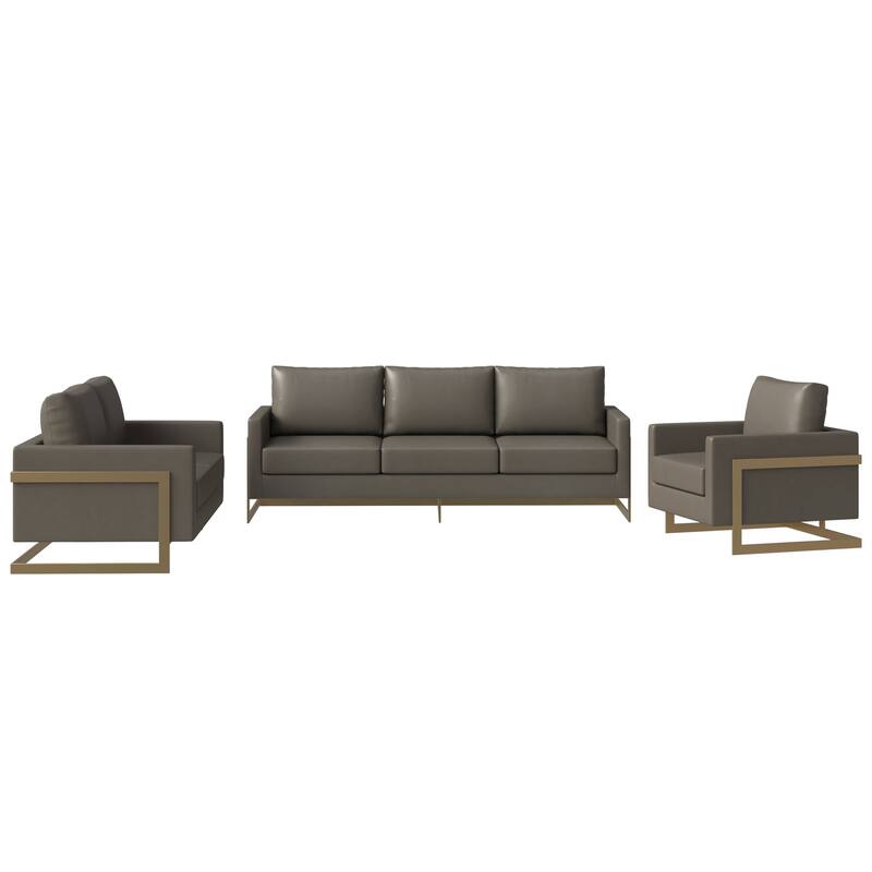 3-Piece Leather Sofa Set with Gold Stainless Steel Base and Removable Cushions
