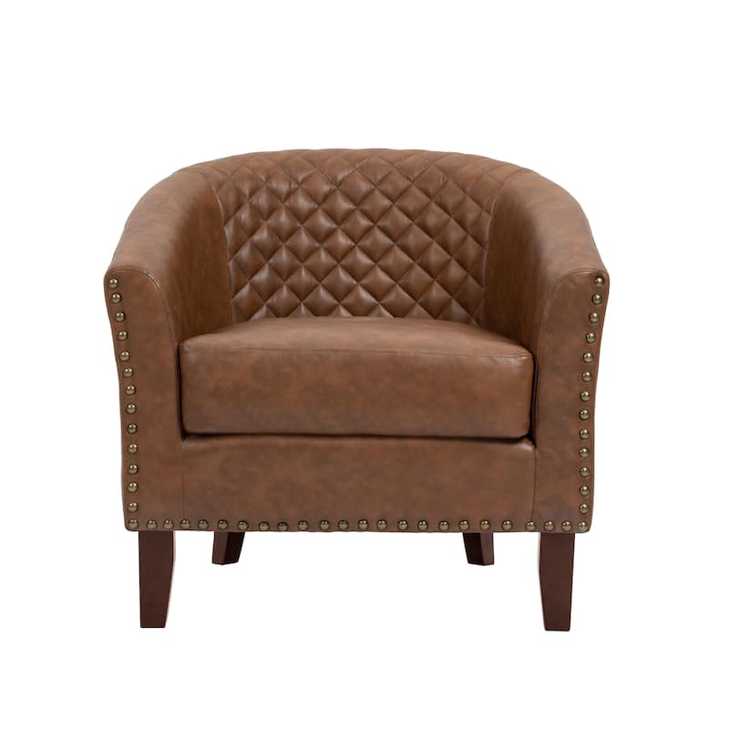 Modern Leather Nailheads Trim Barrel Accent Chairs with Wood Legs