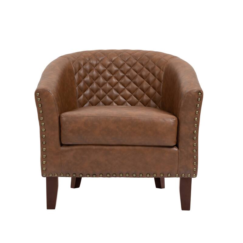 Modern Nailheads Trim Leather Barrel Accent Chairs with Wood Legs