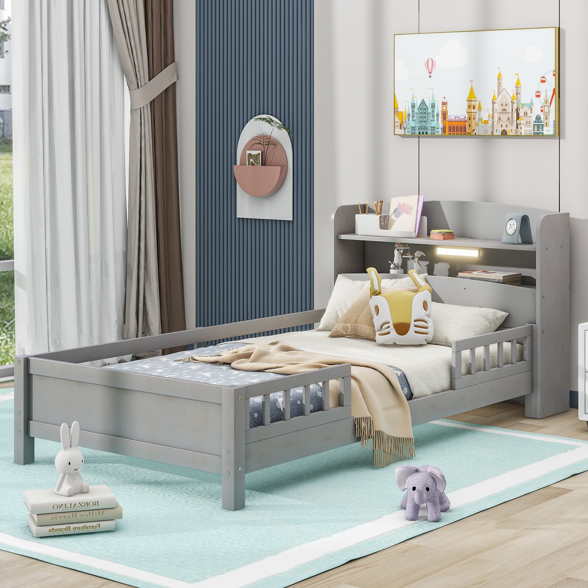 Twin Full Bed Frame with Storage Headboard and Built in LED Light Wood Platform Bed with Fence Guardrails for Kids Girls Boys Bed Bath Beyond 38956039