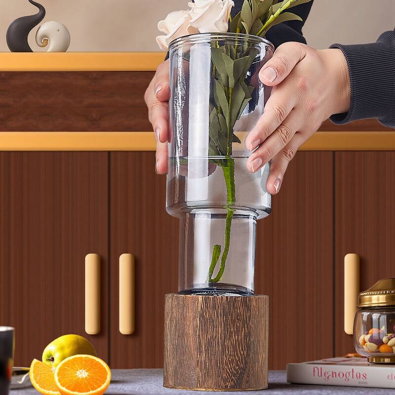 Wood and Glass Flower Vases for Centerpiece Table Home Indoor Desk Decor, Crystal Vase, Glass Vase Thickening Design Suitable