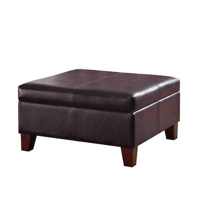 Leatherette Upholstered Wooden Ottoman With Hinged Storage, Brown, Large - 15.75 H x 28 W x 28 L Inches