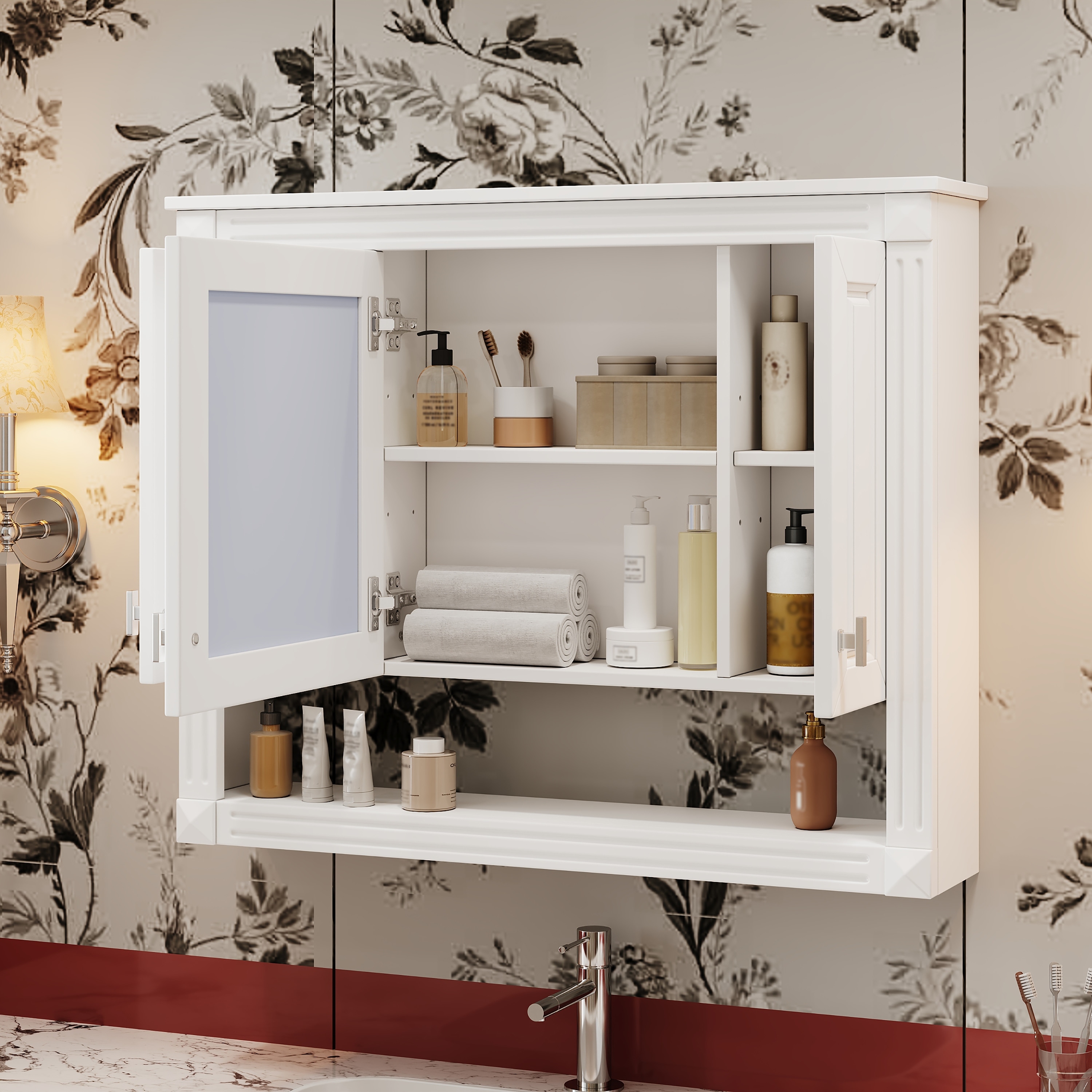 35" Wall Mounted Medicine Cabinet with Mirror & Open Shelf, Over Toilet Storage Cabinet for Bathroom