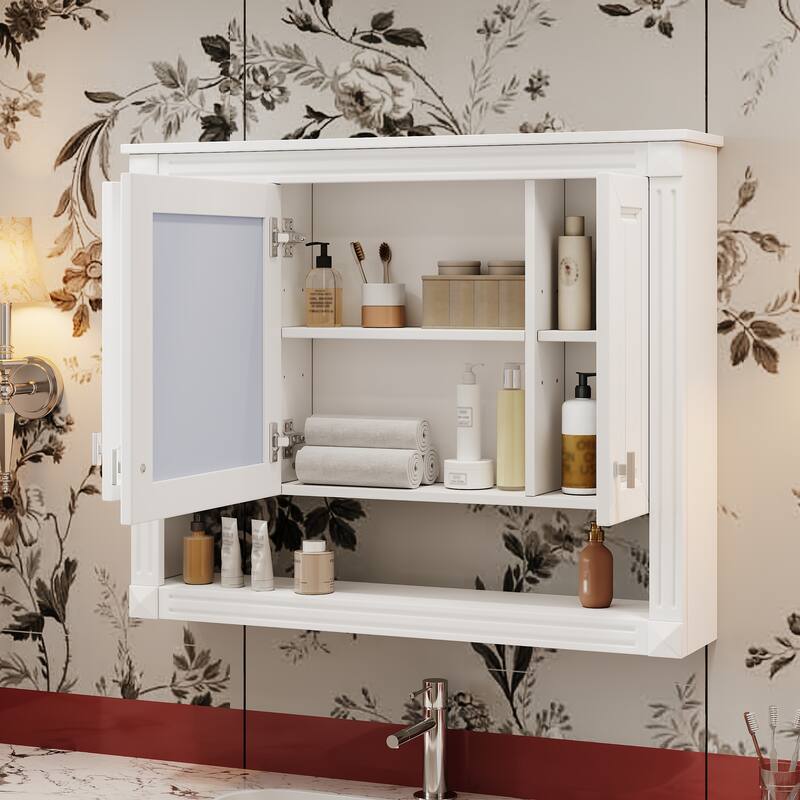 35" Wall Mounted Medicine Cabinet with Mirror & Open Shelf, Over Toilet Storage Cabinet for Bathroom - White