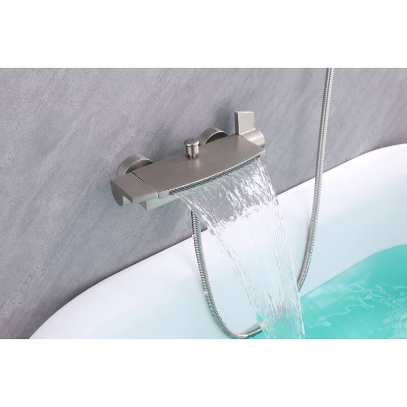 Ella Laydown 30x60 Walk in Bathtub, Waterfall Wall Mount Faucet, Hand Shower, Slider Bar in Brushed Nickel