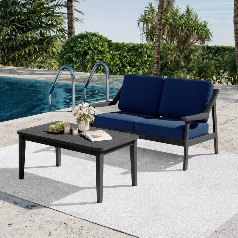 2-piece Brown/ Black Teak Cushioned Patio Loveseat Set with Coffee Table - BlackFrame-Navy