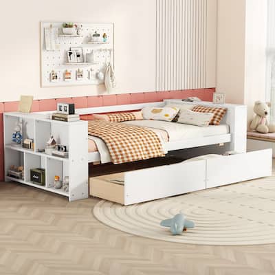 Roomfitters Twin Size Daybed with Built-In Shelves, Storage Drawers and Space Saving Functional Design, White