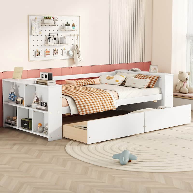 Twin Daybed with Storage Shelves & Drawers - White