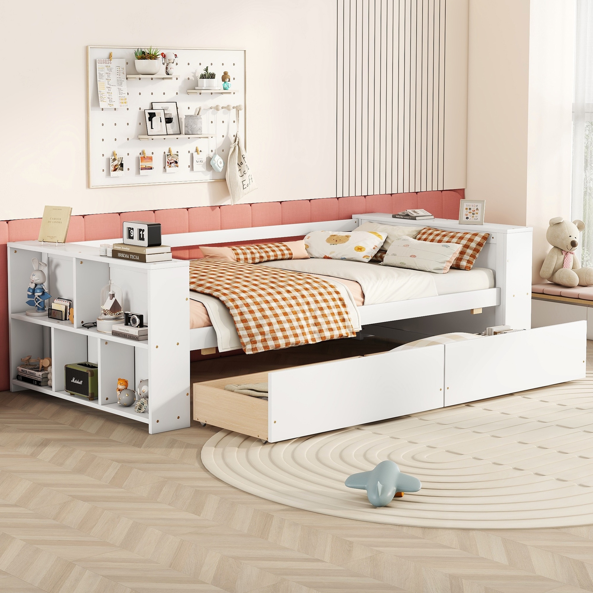 Twin Size Solid Pine Wood Kids Daybed Frame with Storage compartments,Shelves & Under-Bed Drawers, Easy Assembly, White