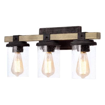 3-light Woodgrain and Black Textured Vanity Light with Clear Seeded Glass - W22" x D6.25" x H9.75"