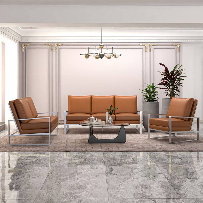 3-Piece Leather Sofa Set Brushed Stainless Steel Base and Removable Cushions