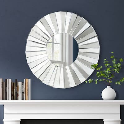 Round Decorative Wall Mirror Sunburst Design with MDF Back 35 Inch - Silver/Chrome - Dia.35.4"*D0.8"