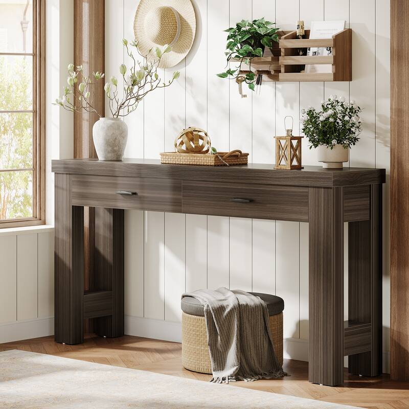 63 Inches Brown Wooden Entryway Table with 2 Drawers, Farmhouse Console Table for Hallway - Black