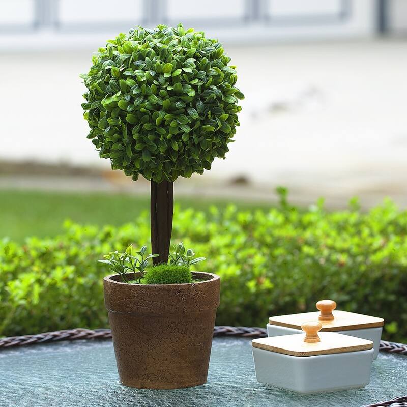 Enova Home Artificial Boxwood Single Ball Round Topiary Fake Plants in Pot for Home Office Decoration - 12 inch