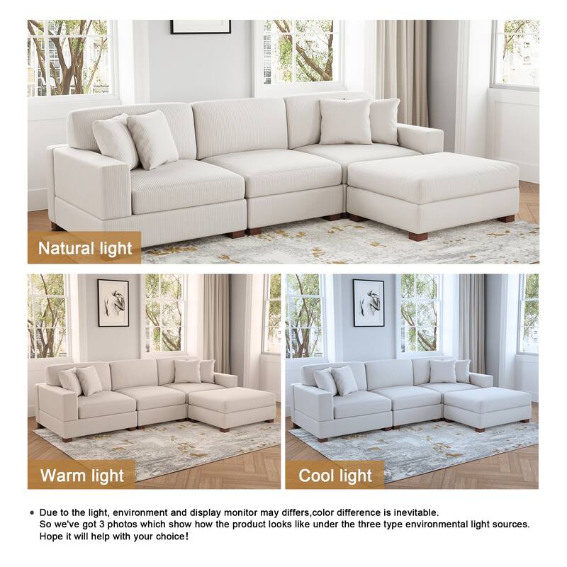 Ella 82" W/ 118" W Corduroy Modular Sectional Sofa with Ottoman