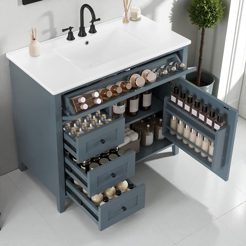 36-Inch Bathroom Vanity with Sink, MDF and Solid Wood Cabinet, 3 Drawers and Adjustable Shelf, Freestanding Design