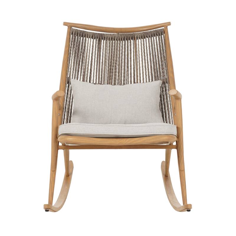 Anmytek Outdoor Rocking Chair with Gray PE Rattan Backrest and Light Gray Cushion Maple Finish Iron Frame Porch Furniture