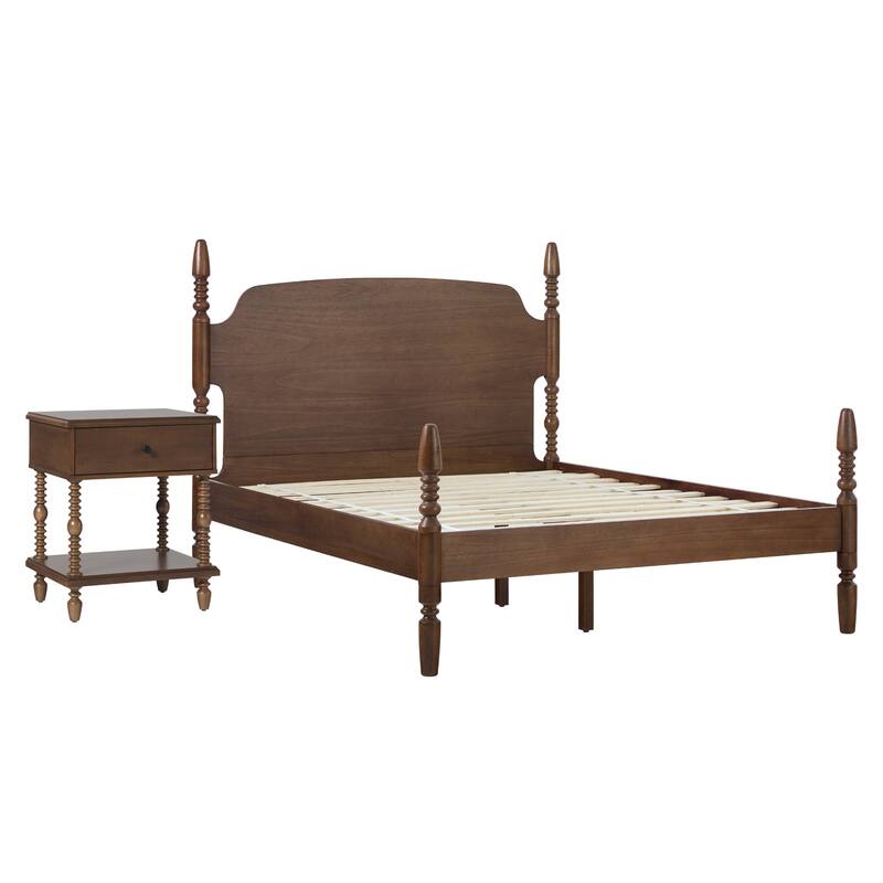 Walker Edison Spindle Queen Bed with 1-Drawer Nightstand Bedroom Set