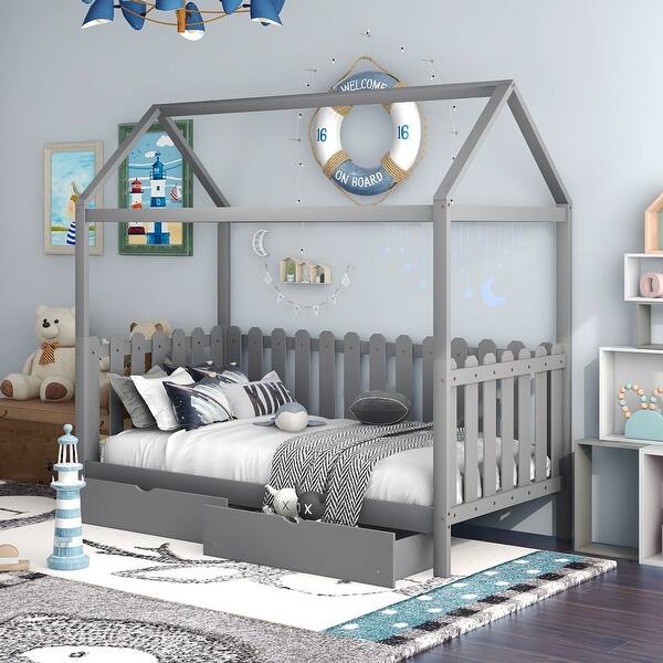 slide 2 of 9, Twin Size Pine Wood House Bed with Drawers, Fence-shaped Guardrail Gray