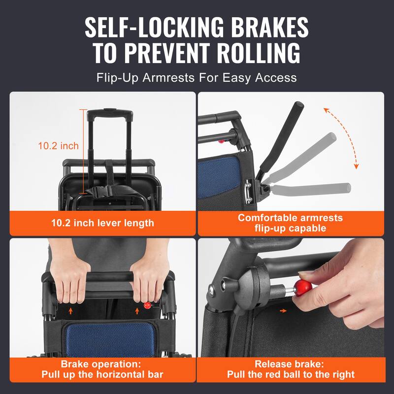 Wheelchair, Carbon Steel Transport Chair for Adults, Foldable Wheelchair with Armrest, Self-locking Brake