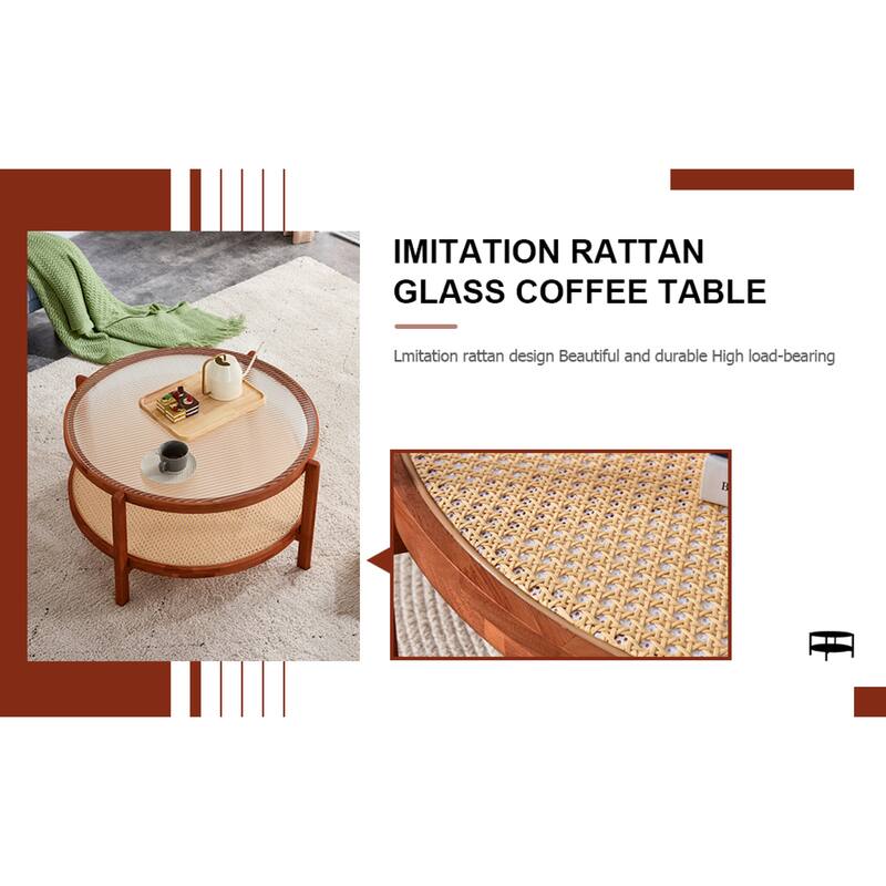 Elegant Round Rattan Weaved Coffee Table with Solid Wood Frame, Double-Layer Design for Living Room or Bedroom