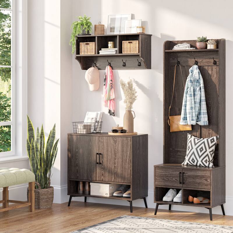 RiverRidge Woodbury Hall Tree with Entryway Bench, Shoe Storage, Coat Hooks & Cubby Storage - Weathered Woodgrain