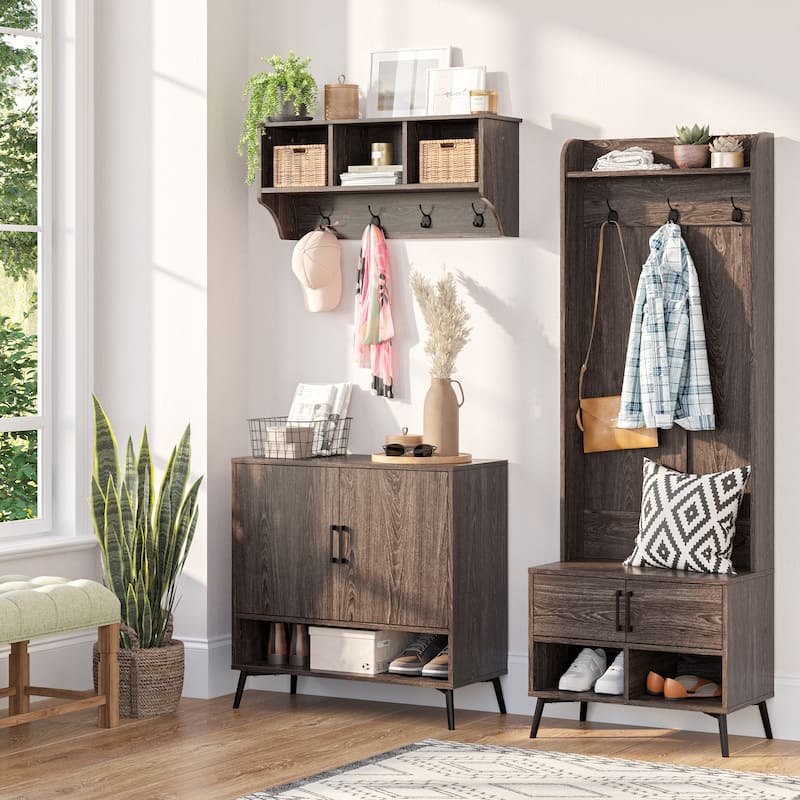 RiverRidge Woodbury Shoe Cabinet with 12-Pair Rack, Entryway Storage with Open & Adjustable Shelves - Weathered Woodgrain