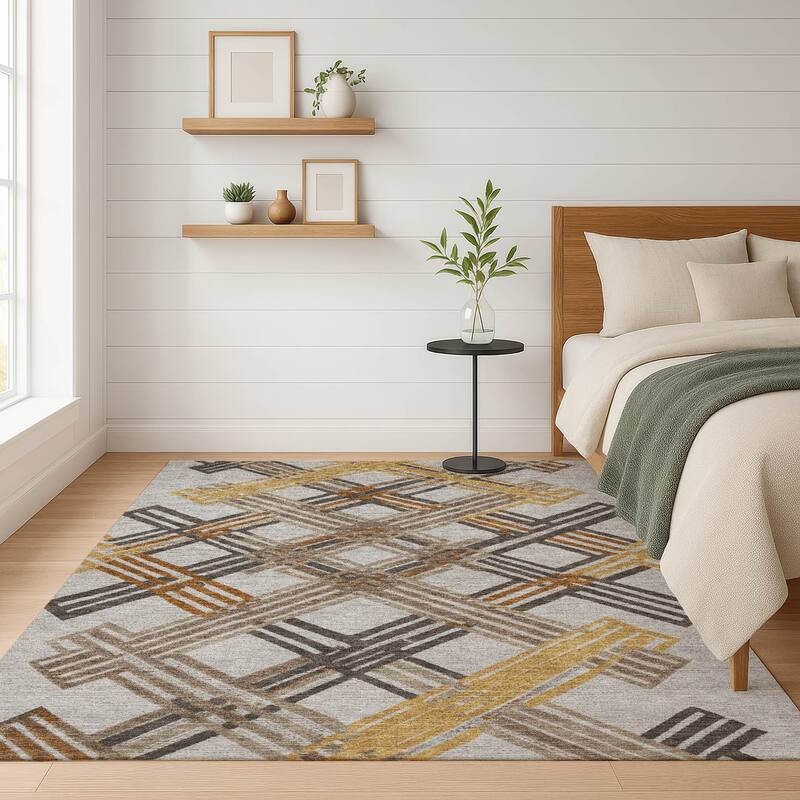 Machine Washable Indoor/ Outdoor Modern Trellis Chantille Rug