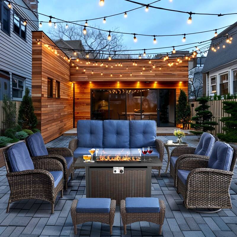 Pocassy Outdoor Fire Pit Conversation Sofa Set - Brwon Wicker Blue Cushion - 9PCS Fire Table w/ Sofa Chair Ottoman Set