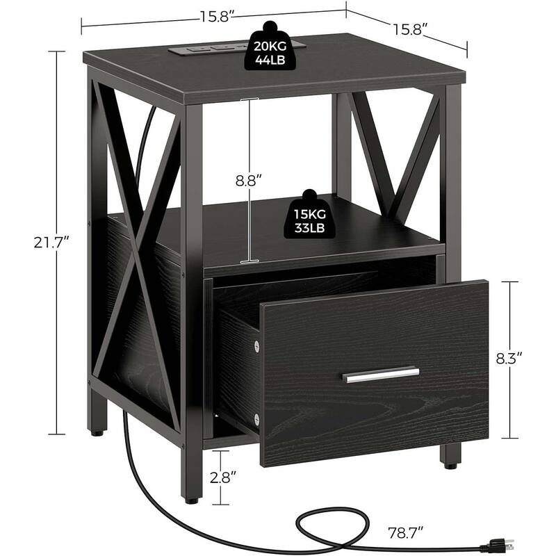 End Table with Wireless Charging Station, Nightstand with Power Outlet