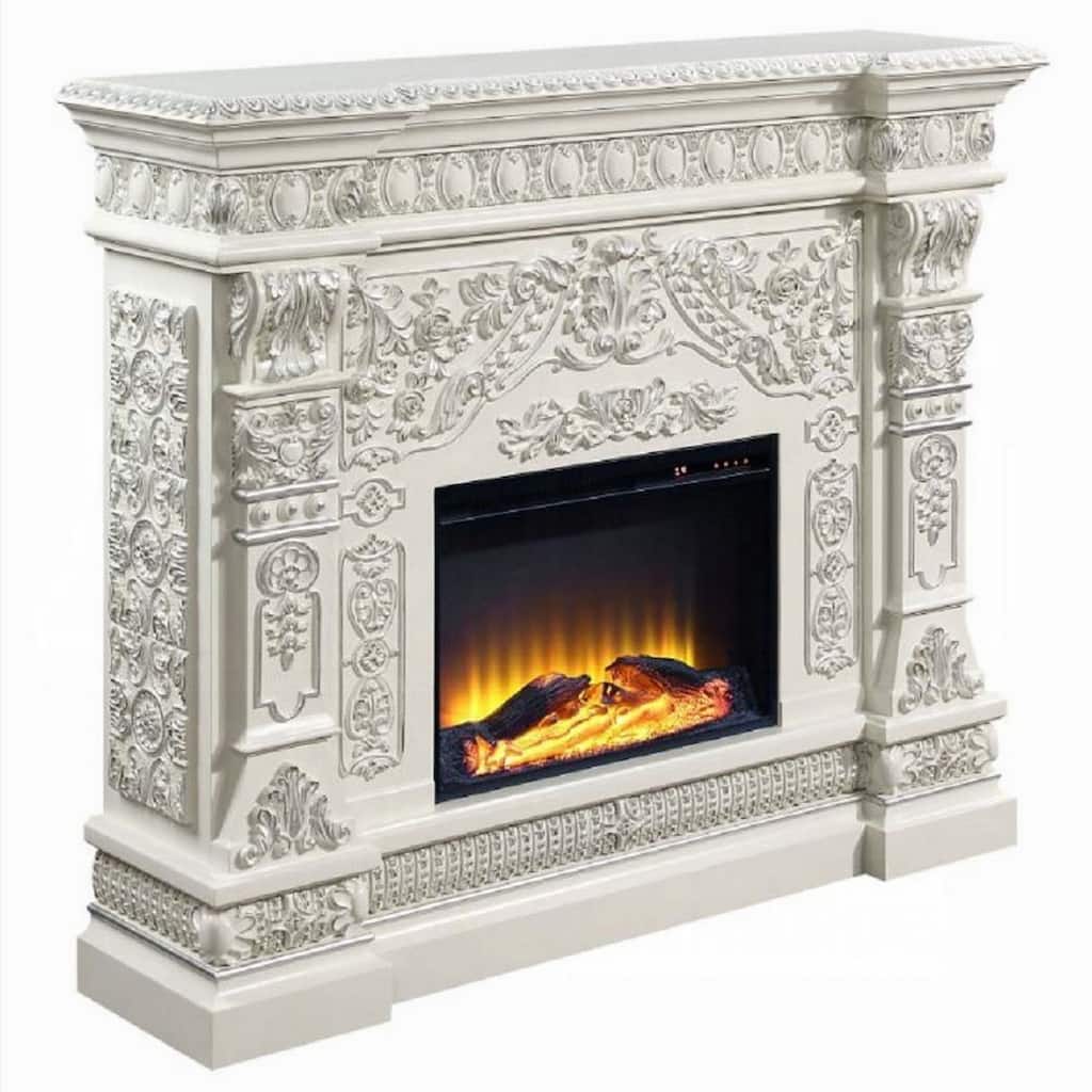 Kin LED Electric Fireplace, Floral Carvings, Antique White, 62 Inch