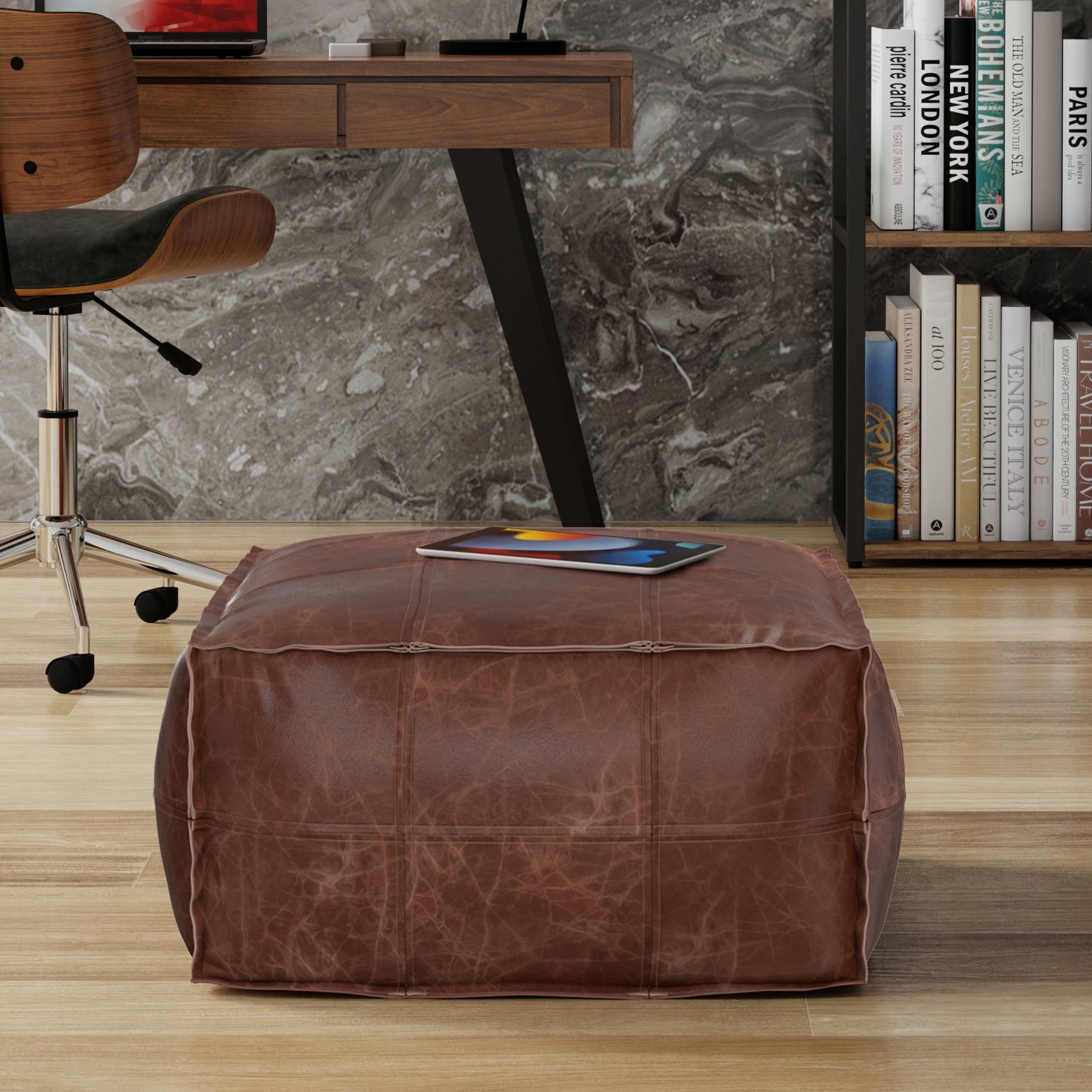 WYNDENHALL Erving Boho Square Pouf in Distressed Brown Leather