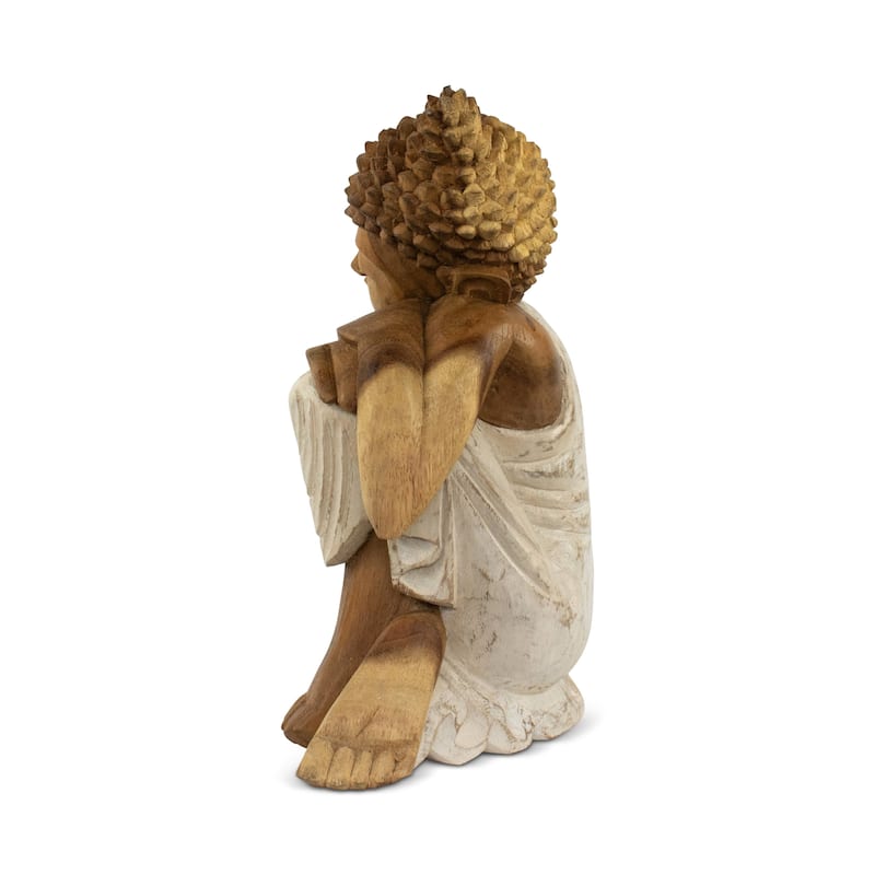Wood Sleeping Buddha Statue Hand Carved Whitewashed Sculpture, Peaceful Zen Decor