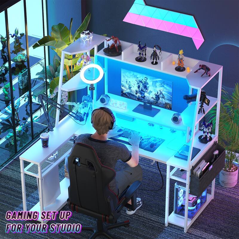 Ultimate L-Shape Gaming Desk with Hutch & Shelves, Reversible Computer Desk with LED Lights & Charging Station